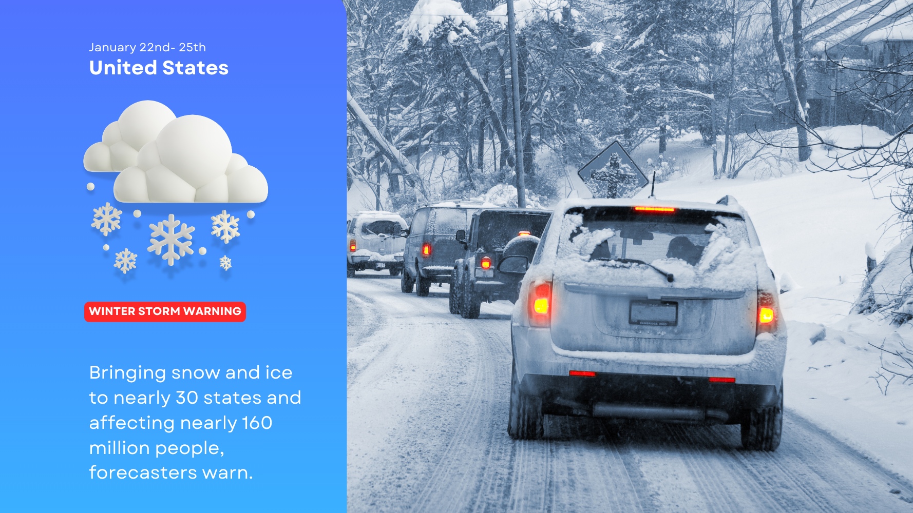 Snow covered vehicles line up on an icy road during a winter storm, showing reduced visibility and hazardous driving conditions as traffic moves slowly.