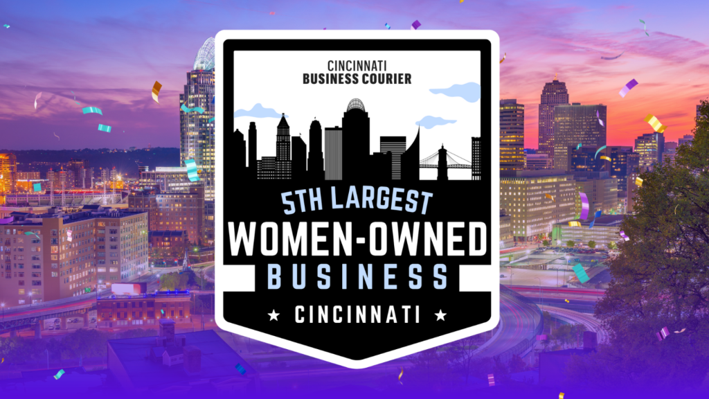 Cincinnati skyline graphic with badge reading “5th Largest Women-Owned Business” from Cincinnati Business Courier, with celebratory confetti overlay.