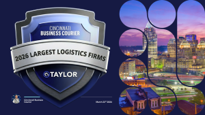 Cincinnati Business Courier 2026 Largest Logistics Firms graphic featuring Taylor logo and Cincinnati skyline at sunset