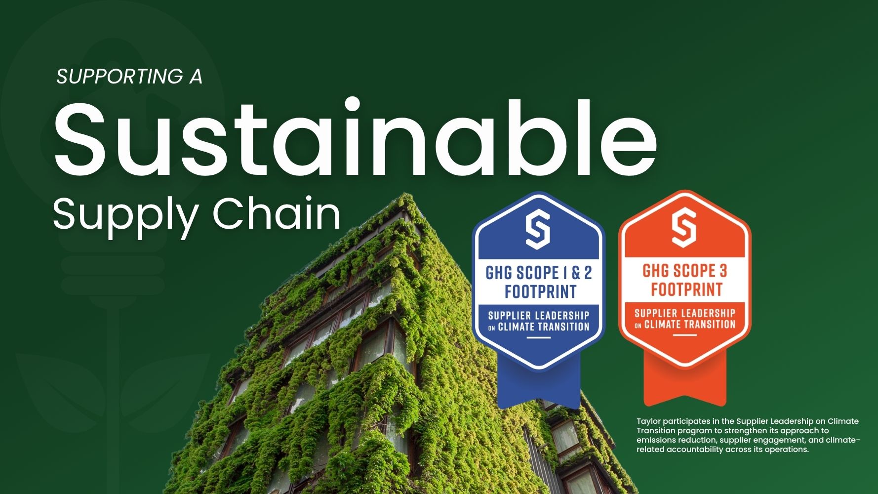 Supporting a sustainable supply chain, featuring a green building covered in vegetation alongside badges highlighting GHG Scope 1 and 2 and Scope 3 footprint participation through the Supplier Leadership on Climate Transition program.