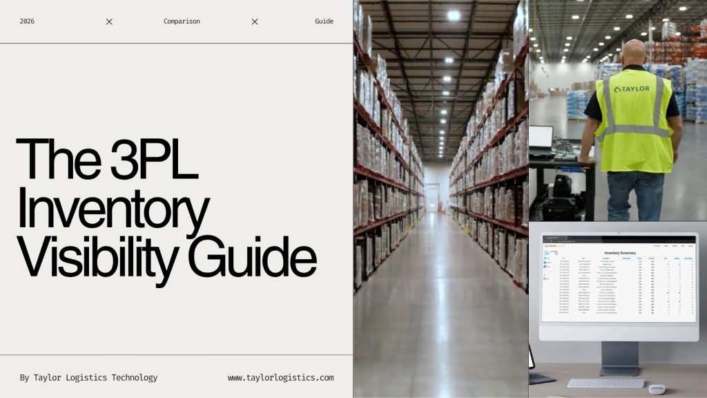 Taylor Logistics warehouse, team member, and WMS inventory portal featured in the 2026 3PL Inventory Visibility Guide.