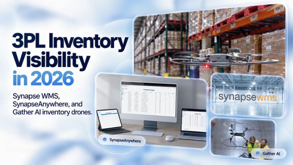 Taylor Logistics feature graphic showing SynapseAnywhere inventory dashboards, Synapse WMS branding, and Gather AI cycle-counting drones in a warehouse.