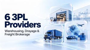 Banner for 6 3PL Providers: warehousing, drayage and freight brokerage, with a blue truck, a warehouse, and a globe with containers.