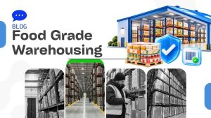 Food-grade warehousing graphic with packaged food pallets, safety and barcode icons, and photos of warehouse racks and an associate scanning inventory.