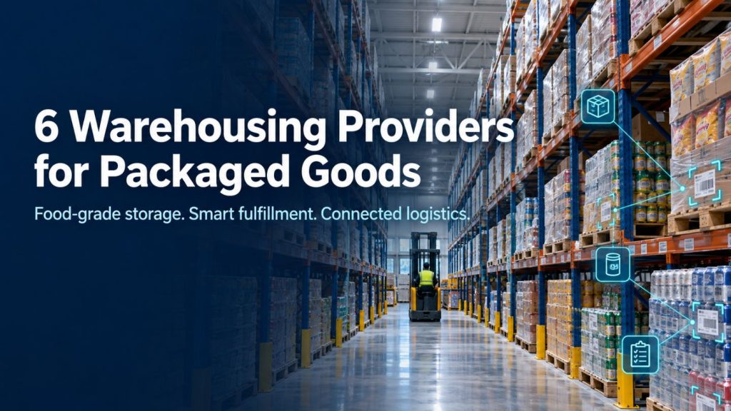 Food-grade warehouse with palletized packaged goods, a forklift, and digital inventory tracking overlays beneath a headline comparing six warehousing providers.