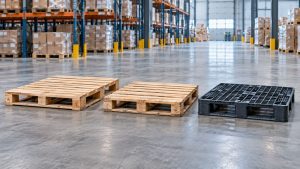 Two wooden pallets and a black plastic pallet sit on a polished warehouse floor with tall racks in the background.