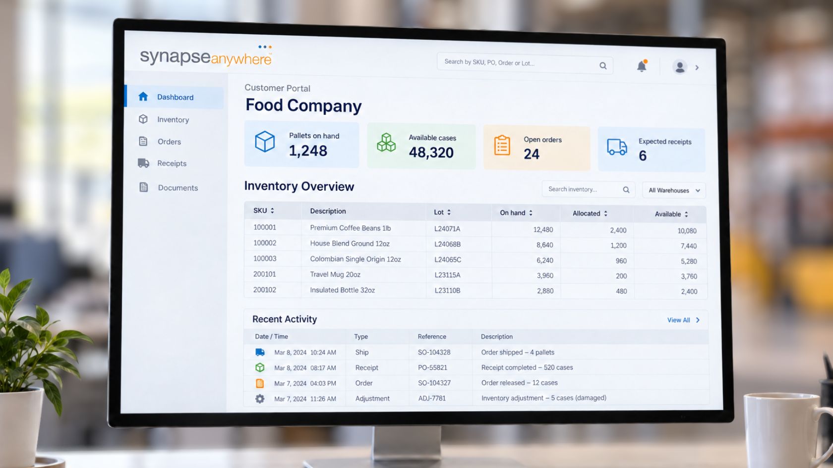 SynapseWMS customer portal showing inventory and order status